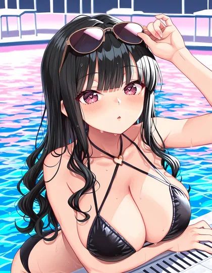 プールサイドのバーでサングラスを頭にのせる、黒い水着の亜咲