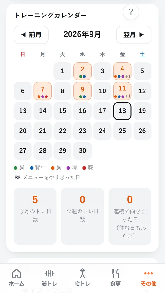 トレーニングカレンダー。やった日に印がつき、21日つづけて向き合っている